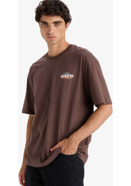 %100 Pamuk Naruto Boxy Fit Rahat Kesim Bisiklet Yaka Sırt Baskılı Kısa Kollu Tişört E7358AX25AU