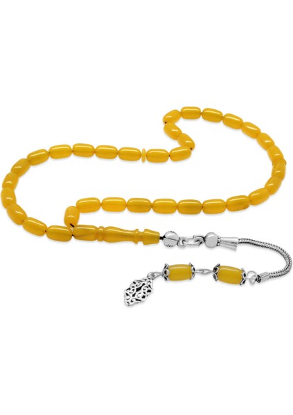 925 Ayar Gümüş Püsküllü Kapsül Kesim Mini Boy Sarı Ateş Kehribar Tesbih