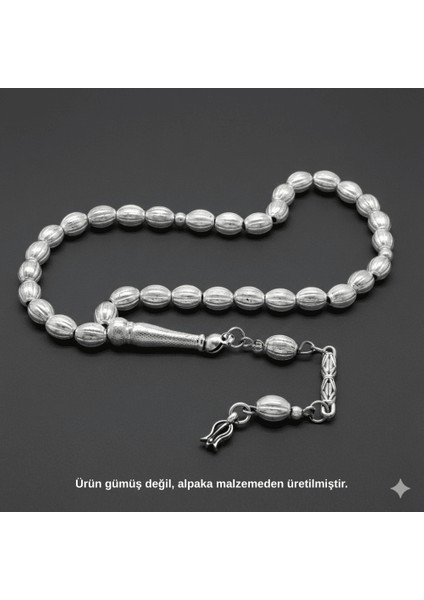 Kalem Işçilikli Lale Püsküllü Küre Kesim Gümüş Renk Alpaka Tesbih fiyatları