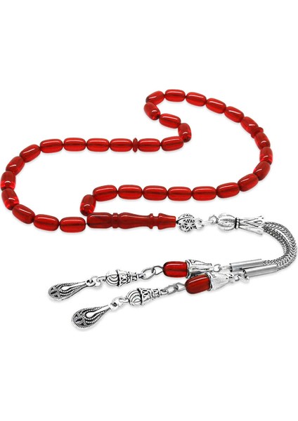 Ateş Kehribar Tesbih - Kararmaz Metal Damla Püsküllü - Bayrak Kırmızı - Mini Boy - Kapsül Kesim