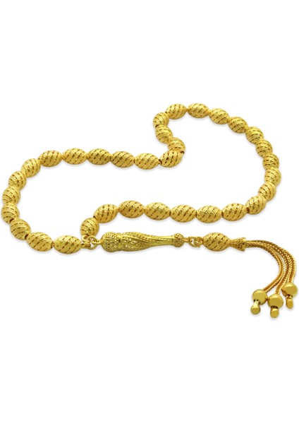 3 Lü Kamçı Püsküllü Helezon Detaylı Telkari Tasarım Arpa Kesim Altın Renk 925 Ayar Gümüş Tesbih