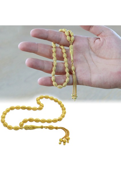 3 Lü Kamçı Püsküllü Helezon Detaylı Telkari Tasarım Arpa Kesim Altın Renk 925 Ayar Gümüş Tesbih fiyatları