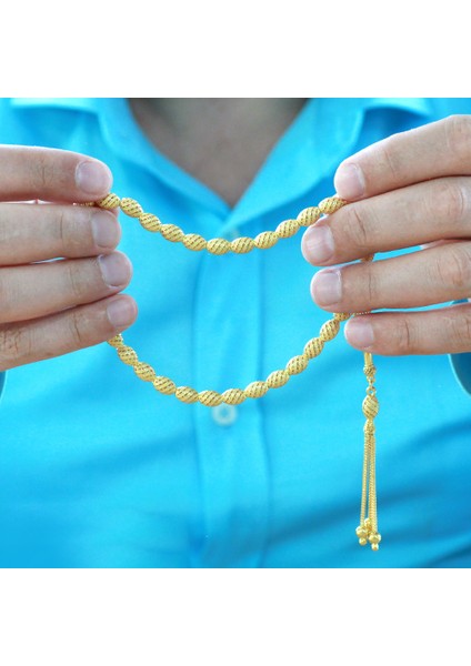 3 Lü Kamçı Püsküllü Helezon Detaylı Telkari Tasarım Arpa Kesim Altın Renk 925 Ayar Gümüş Tesbih indirimleri