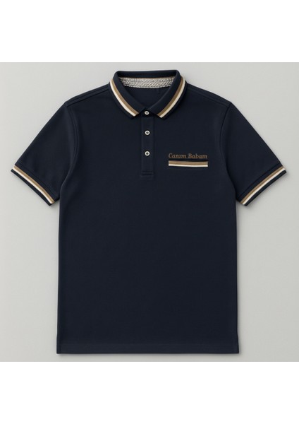 Kişiye Özel Nakışlı Cep Yaka Garnili Kısa Kollu Ribana Yaka Premium Lacivert Tişört L