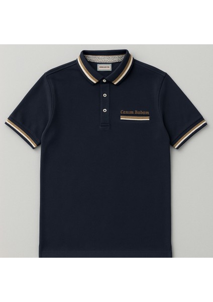 Kişiye Özel Nakışlı Cep Yaka Garnili Kısa Kollu Ribana Yaka Premium Lacivert Tişört L modelleri