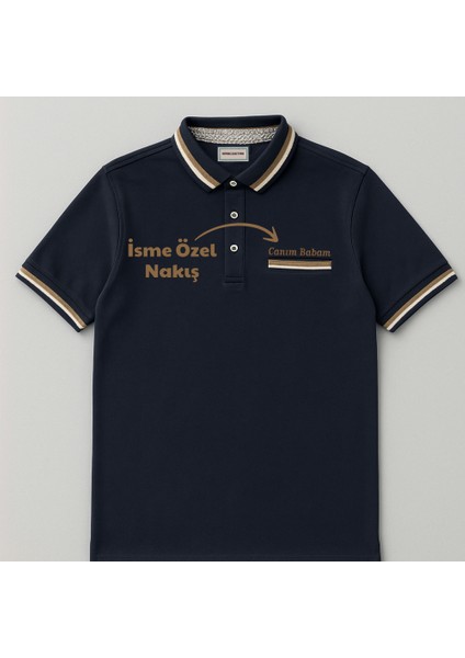 Kişiye Özel Nakışlı Cep Yaka Garnili Kısa Kollu Ribana Yaka Premium Lacivert Tişört L fırsatları