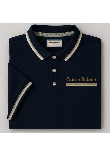 Kişiye Özel Nakışlı Cep Yaka Garnili Kısa Kollu Ribana Yaka Premium Lacivert Tişört L indirimleri