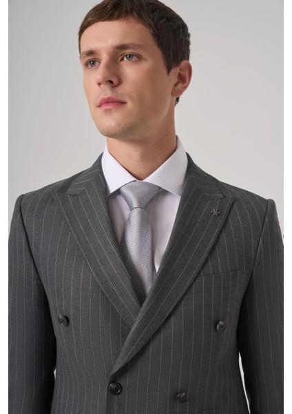 Erkek Füme Poliviskon Trend Çizgili Slim Fit Kruvaze Takım Elbise fiyatları