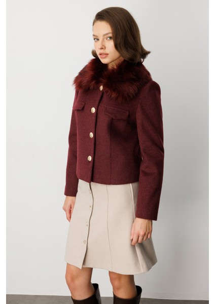 Kadın Yakası Kürklü Kısa Mont 6121 Bordo fiyatları
