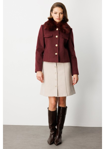 Kadın Yakası Kürklü Kısa Mont 6121 Bordo modelleri