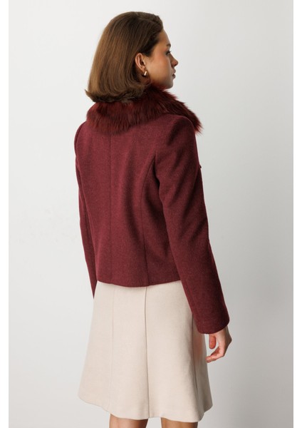 Kadın Yakası Kürklü Kısa Mont 6121 Bordo fırsatları