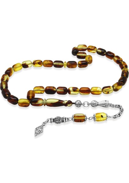 Fosilli Beyrut Kehribar Tesbih - Kararmaz Metal Püsküllü - Sarı Siyah - Kapsül Kesim