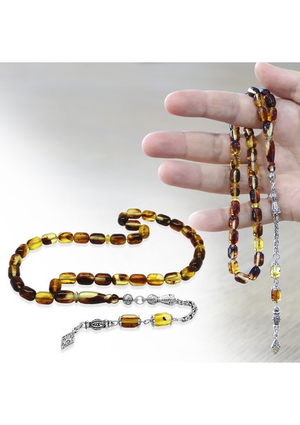 Fosilli Beyrut Kehribar Tesbih - Kararmaz Metal Püsküllü - Sarı Siyah - Kapsül Kesim fiyatları