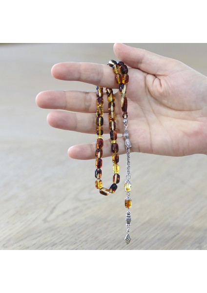 Fosilli Beyrut Kehribar Tesbih - Kararmaz Metal Püsküllü - Sarı Siyah - Kapsül Kesim modelleri