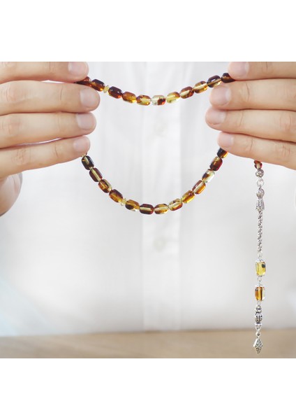 Fosilli Beyrut Kehribar Tesbih - Kararmaz Metal Püsküllü - Sarı Siyah - Kapsül Kesim fırsatları