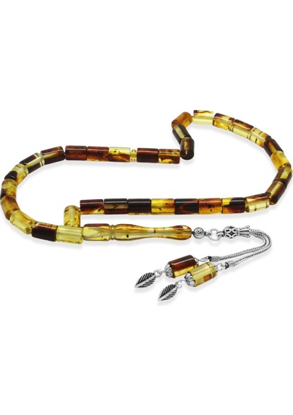 Fosilli Beyrut Kehribar Tesbih - 925 Ayar Gümüş Püsküllü - Sarı Siyah - Kesme Kesim
