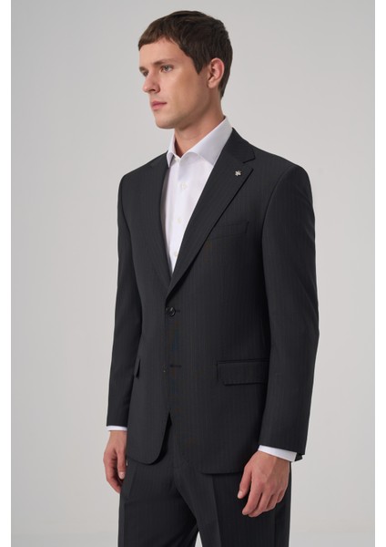 Erkek Siyah Yün Trend Çizgili Dynamic Fit Mono Yaka Takım Elbise