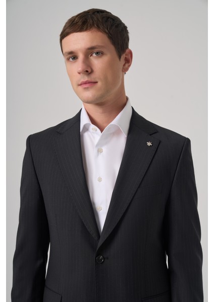 Erkek Siyah Yün Trend Çizgili Dynamic Fit Mono Yaka Takım Elbise fiyatları