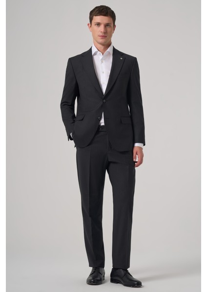 Erkek Siyah Yün Trend Çizgili Dynamic Fit Mono Yaka Takım Elbise fırsatları