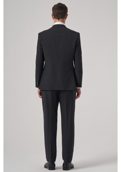 Erkek Siyah Yün Trend Çizgili Dynamic Fit Mono Yaka Takım Elbise indirimleri