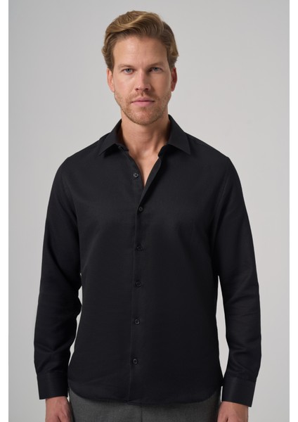 Erkek Siyah Polyester Trend Desenli Dynamic Fit Italyan Yaka Gömlek