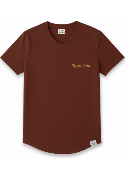 Kişiye Özel Nakışlı Yakası Biyeli Kısa Kollu V Yaka Premium Kahverengi Tişört S