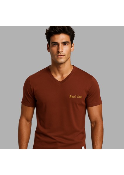 Kişiye Özel Nakışlı Yakası Biyeli Kısa Kollu V Yaka Premium Kahverengi Tişört S fiyatları