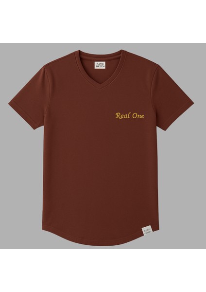 Kişiye Özel Nakışlı Yakası Biyeli Kısa Kollu V Yaka Premium Kahverengi Tişört S modelleri