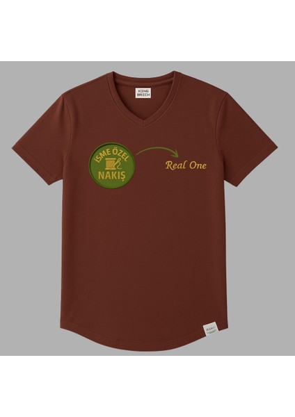 Kişiye Özel Nakışlı Yakası Biyeli Kısa Kollu V Yaka Premium Kahverengi Tişört S fırsatları