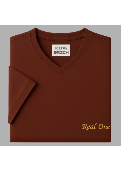 Kişiye Özel Nakışlı Yakası Biyeli Kısa Kollu V Yaka Premium Kahverengi Tişört S indirimleri