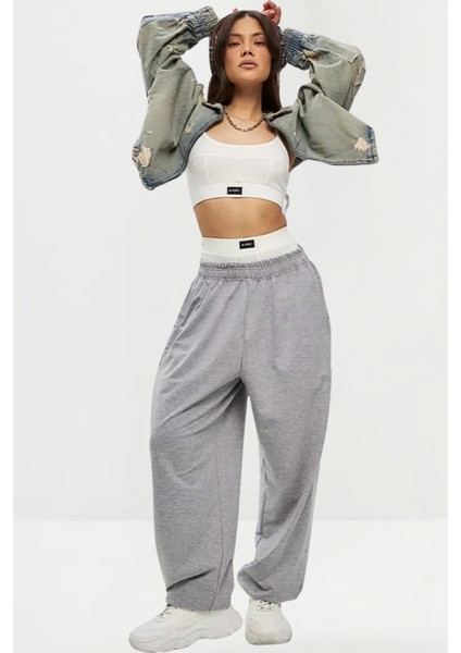 Bol Tarz Baggy Jogger Eşofman Altı Içi Şardonlu Gri / Siyah / Füme