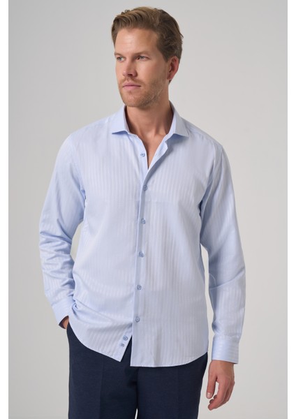 Erkek A. Mavi Trend Slim Fit Italyan Yaka Gömlek