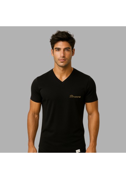 Kişiye Özel Nakışlı Yakası Biyeli Kısa Kollu V Yaka Premium Siyah Tişört 2xl fiyatları