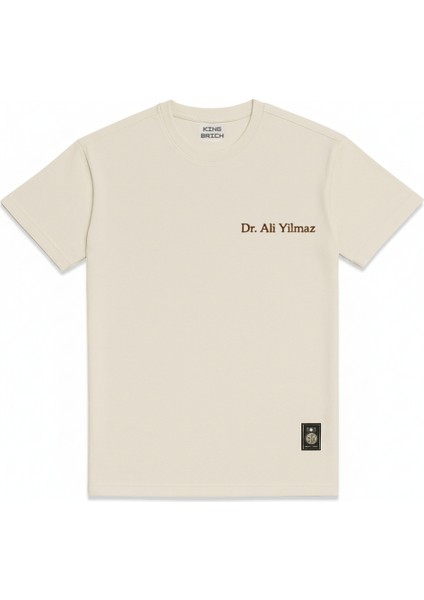 Kişiye Özel Nakışlı Yakası Biyeli Kısa Kollu Bisiklet Yaka Premium Bej Tişört S