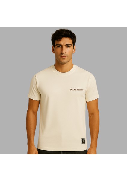 Kişiye Özel Nakışlı Yakası Biyeli Kısa Kollu Bisiklet Yaka Premium Bej Tişört S fiyatları