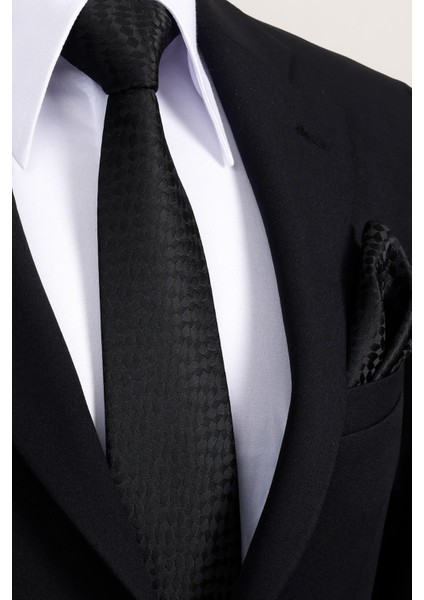 8 cm Klasik Geniş Hand Made Siyah Gölge Desenli Mendilli Kravat