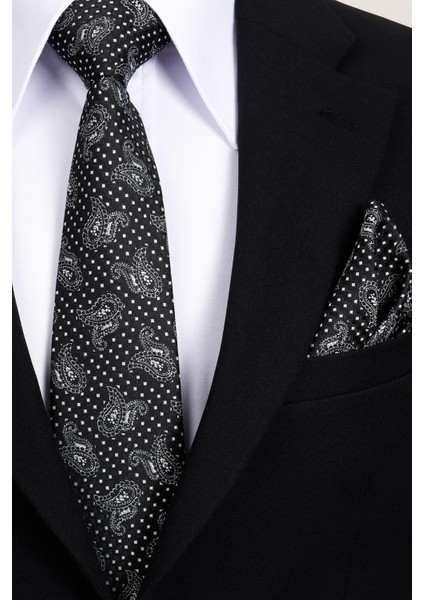 8 cm Klasik Geniş Hand Made Siyah - Beyaz Şal Desen Mendilli Kravat