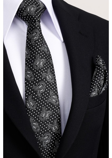 8 cm Klasik Geniş Hand Made Siyah - Beyaz Şal Desen Mendilli Kravat fiyatları