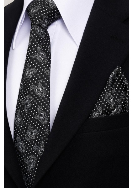 8 cm Klasik Geniş Hand Made Siyah - Beyaz Şal Desen Mendilli Kravat modelleri