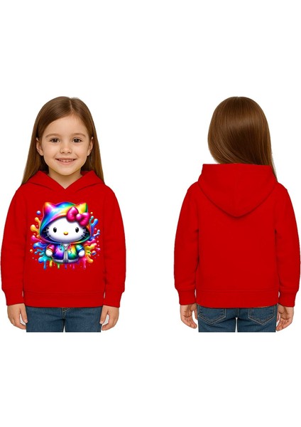 Unisex Hello Kity Baskılı Çocuk Swaetshirt Baskılı Kapüşonlu 3 Iplik Şardonlu