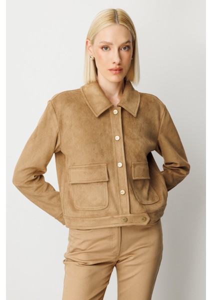 Kadın Kapak Cepli Güderi Mont 8017 Vizon fiyatları