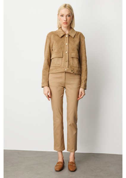 Kadın Kapak Cepli Güderi Mont 8017 Vizon modelleri