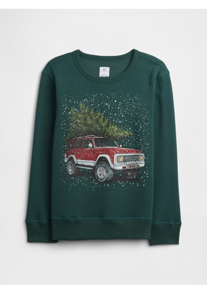 Erkek Çocuk Yeşil Bisiklet Yaka Grafik Sweatshirt