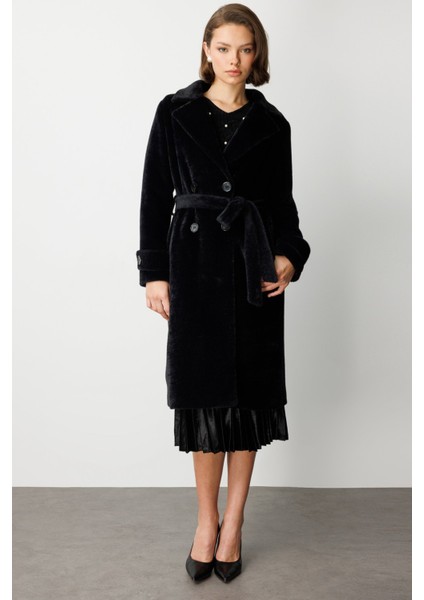 Kadın Beli Kuşaklı Peluş Kaban 6033 Siyah modelleri