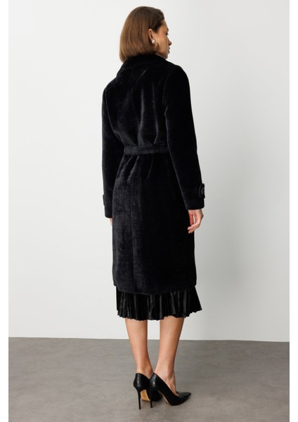 Kadın Beli Kuşaklı Peluş Kaban 6033 Siyah fırsatları