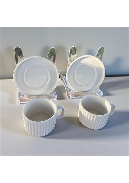 Homeinn Modern Çizgili 2'li Porselen Çay Fincan Takımı – Krem Renk, Sunum Tabağıyla, Şık ve Zarif Tasarım fiyatları