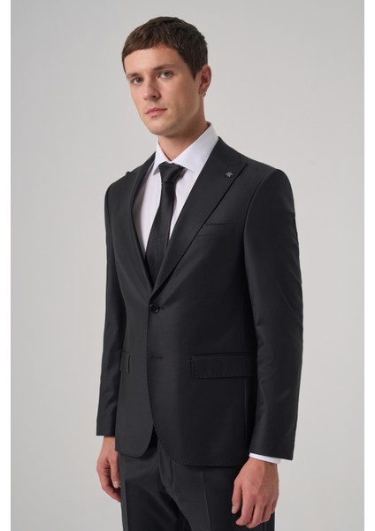 Erkek Lacivert Yünlü Trend Düz Slim Fit Sivri Yaka Takım Elbise