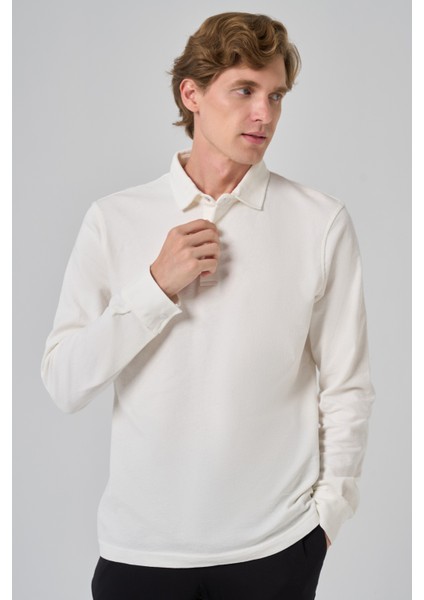 Erkek Ekru Pamuk Trend Ağaç Kabuğu Desen Dinamik Fit Polo Yaka Sweat-Shirt