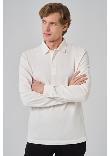 Erkek Ekru Pamuk Trend Ağaç Kabuğu Desen Dinamik Fit Polo Yaka Sweat-Shirt modelleri