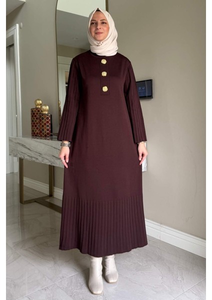 Banu Broşlu Triko Elbise Acı Kahve